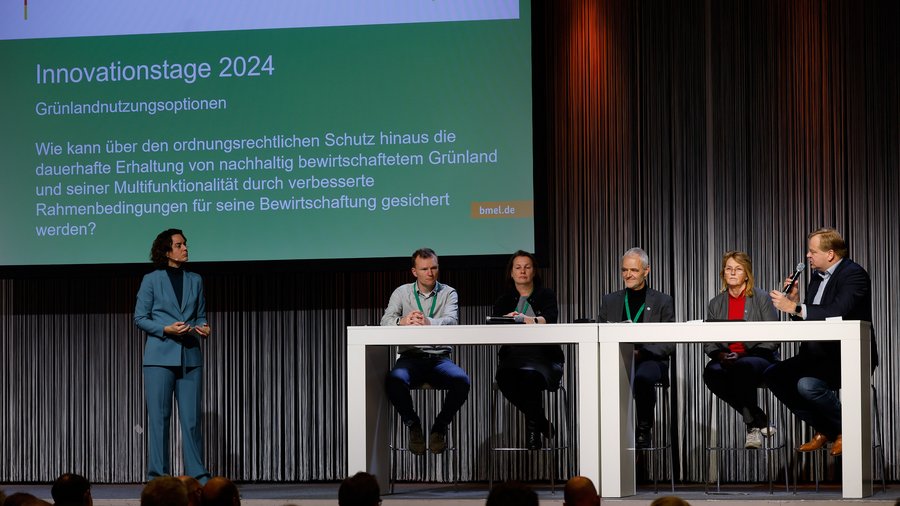 Diskussion zum Thema Grünland auf der Bühne mit Expertinnen und Experten. © Holger Gross/BMEL