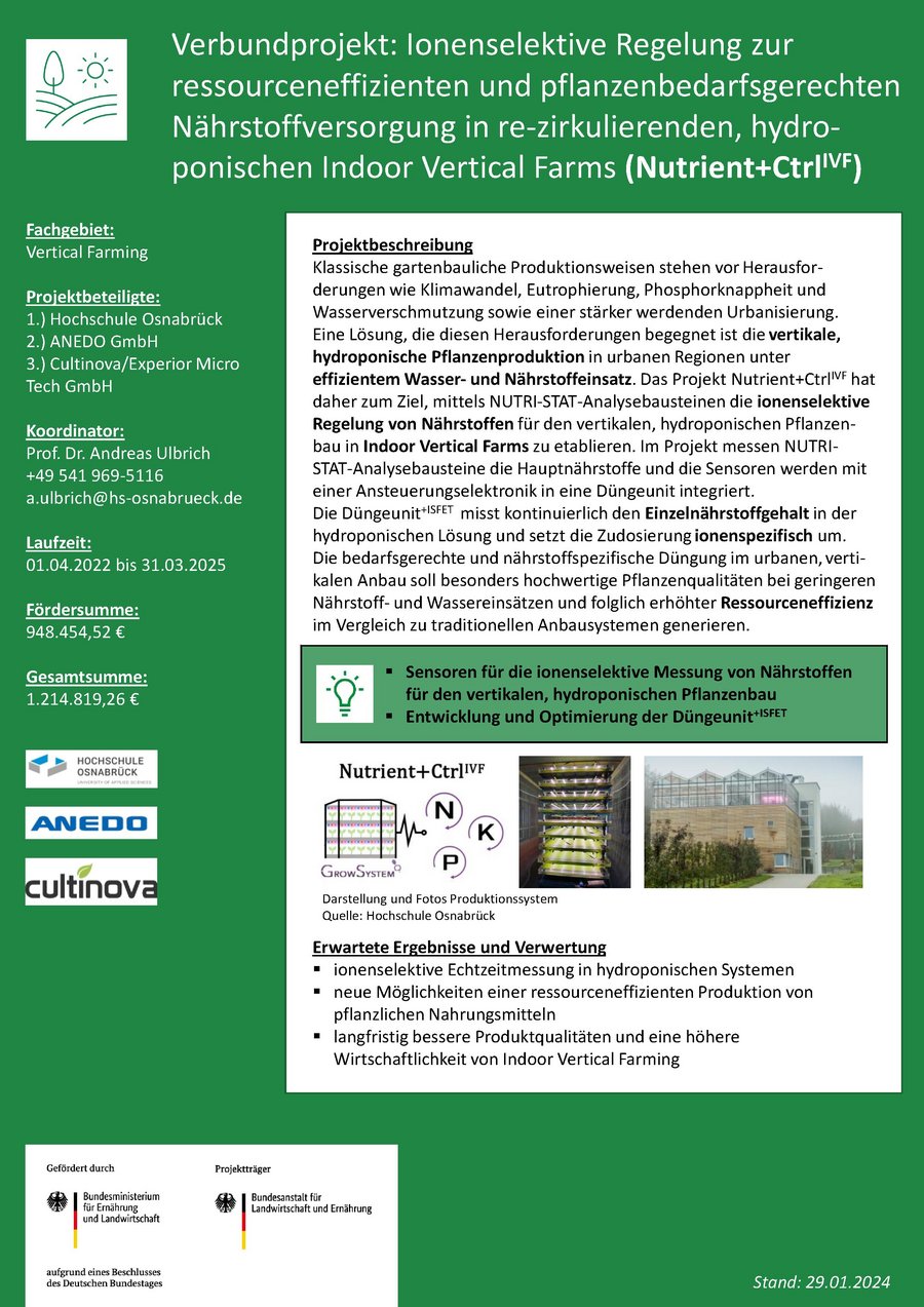 Steckbrief des Projekts: Ionenselektive Regelung zur ressourceneffizienten und pflanzenbedarfsgerechten Nährstoffversorgung in re-zirkulierenden, hydroponischen Indoor Vertical Farms (Nutrient_Ctrl_IVF))
