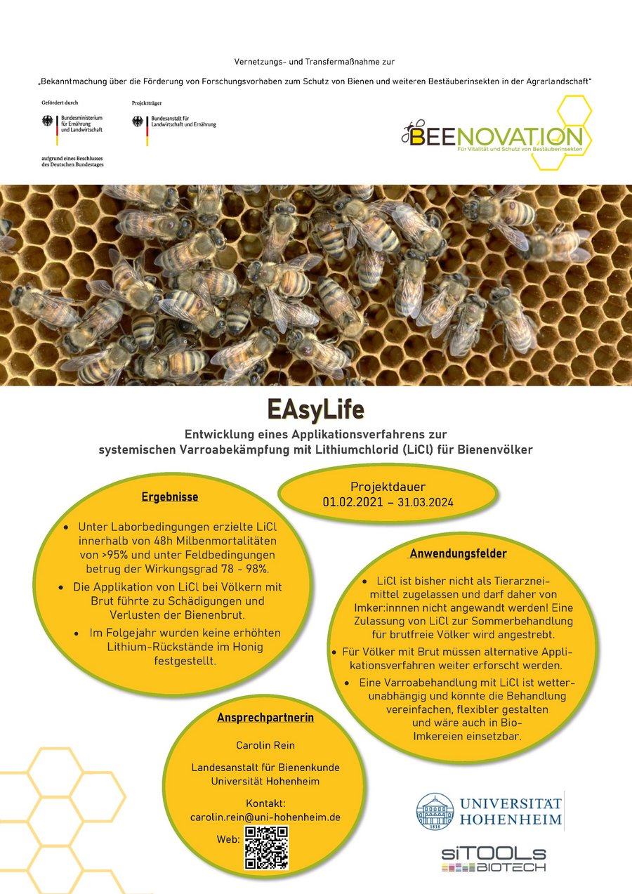 Steckbrief des Projekts: Entwicklung eines Applikationsverfahrens zur systemischen Varroabekämpfung mit Lithiumchlorid für Bienenvölker (EAsyLife)